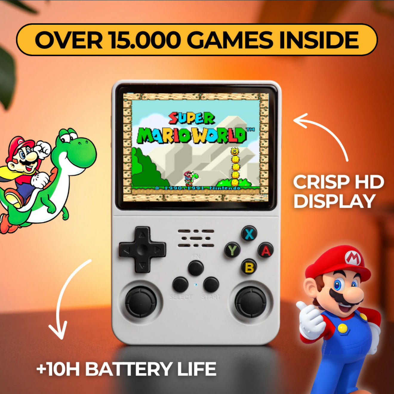 Handheld gaming console with Super Mario World on screen, surrounded by characters and text about game quantity, display quality, and battery life.