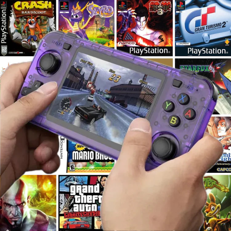 Hand holding a purple gaming console with a game displayed, surrounded by PlayStation game cases.