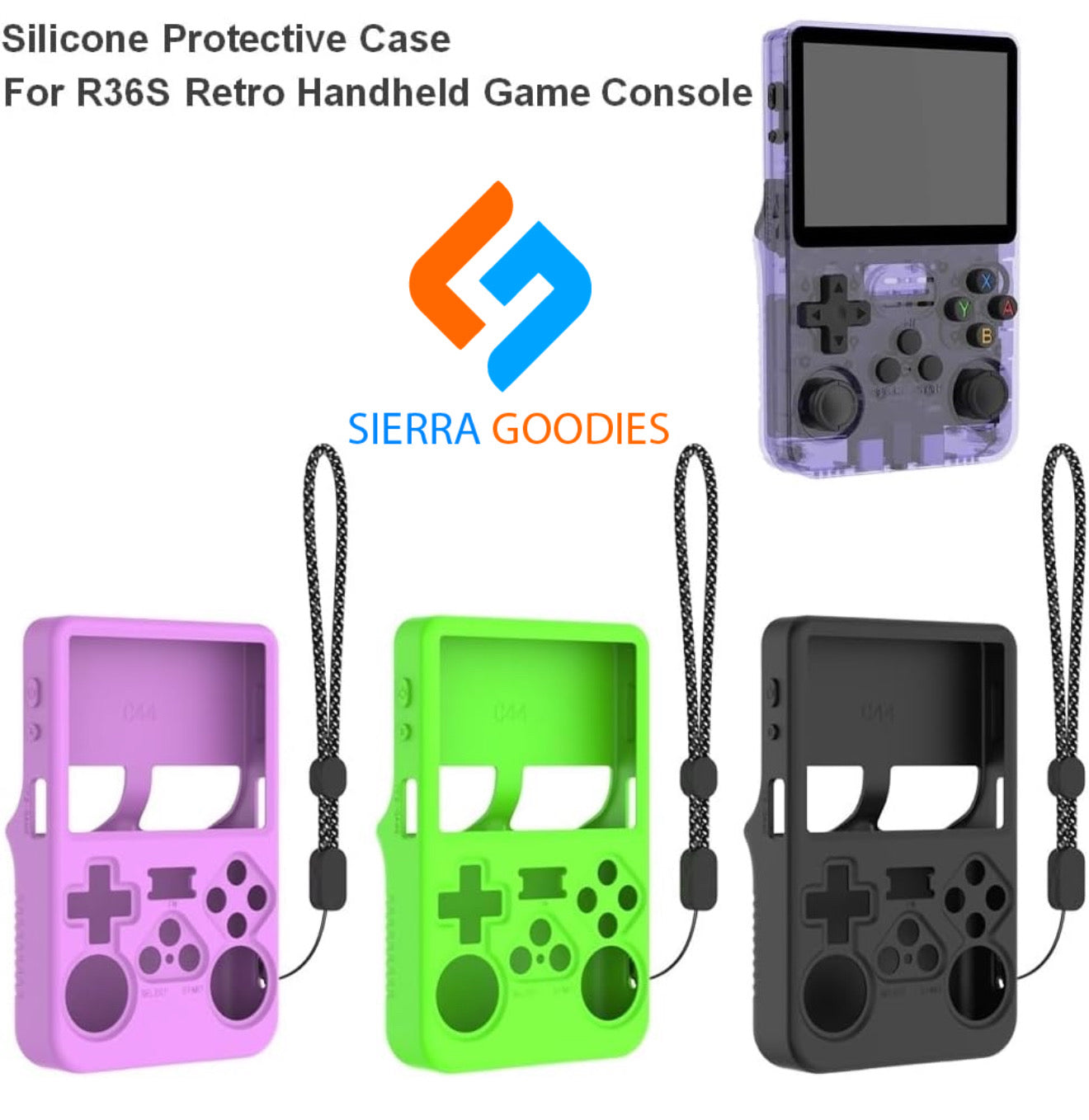 A silicone case for a R36S handheld gaming console in purple color, with images showing the case in green and black variants as well.