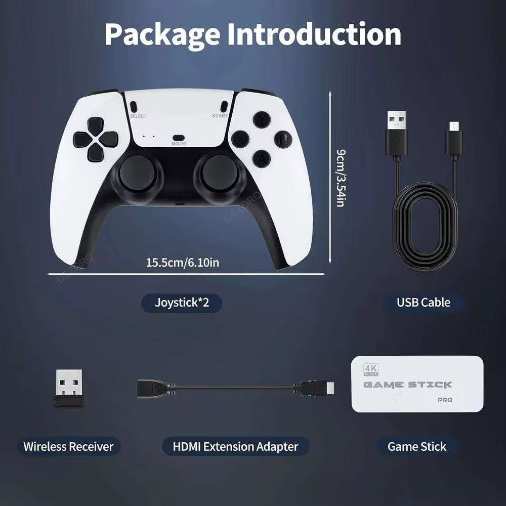 Package introduction of a gaming controller with its components on a dark background