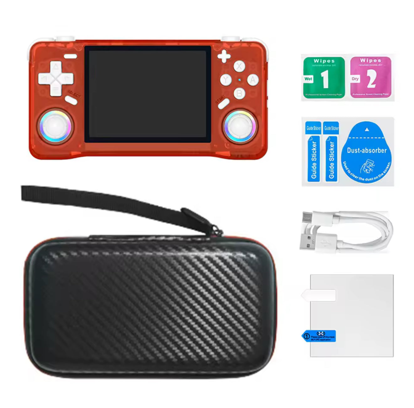 Handheld gaming console with accessories including a carrying case, wipes, and cleaning tools on a white background.
