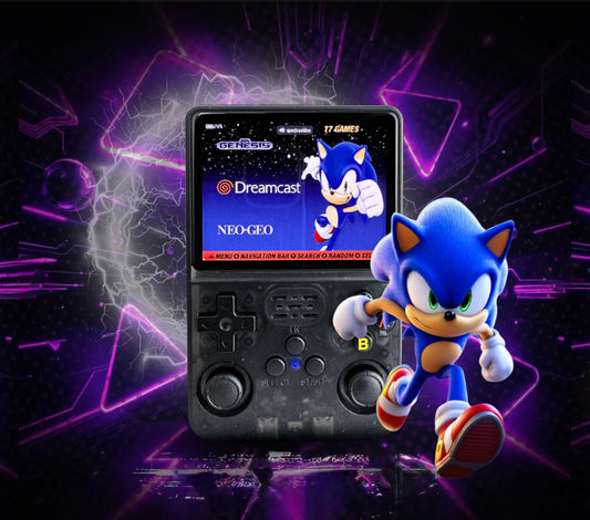 Handheld gaming console with Sonic the Hedgehog character on a dark background