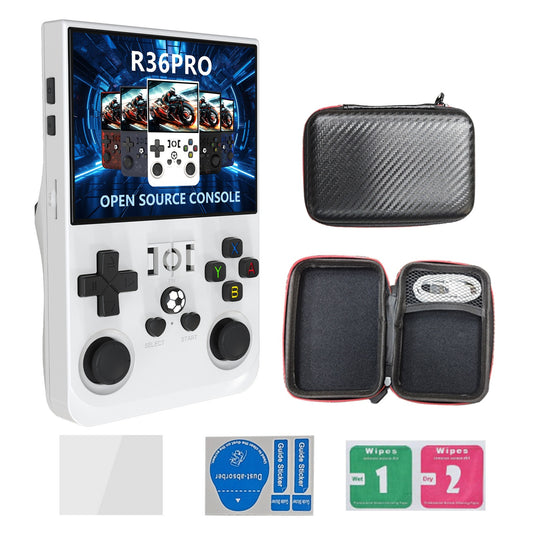 Handheld gaming console with screen displaying 'R36PRO' and accessories including a carrying case, cleaning wipes, and labels.