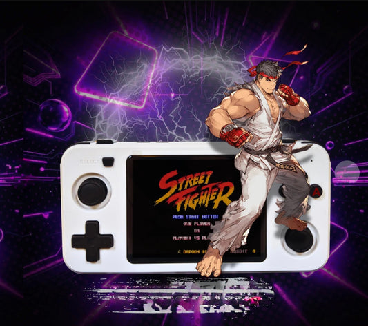 Handheld gaming console with Street Fighter character and game logo on a dark background