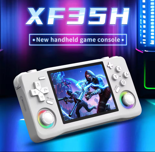 Handheld game console with colorful display and buttons on a vibrant background