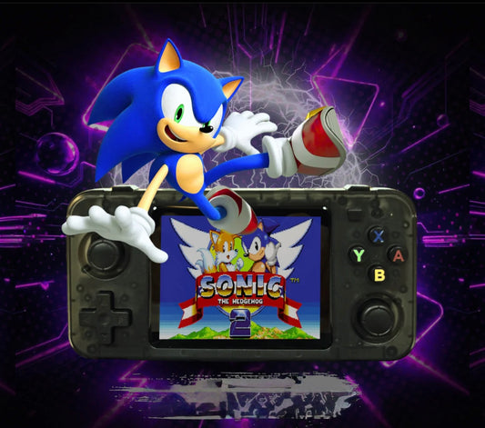 Handheld gaming console with Sonic the Hedgehog character on top against a dark background