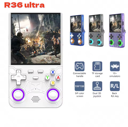 Handheld gaming console with joystick and screen displaying a game, surrounded by additional consoles and features.