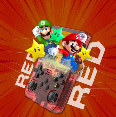 Handheld gaming console with Mario and Luigi characters on a red background