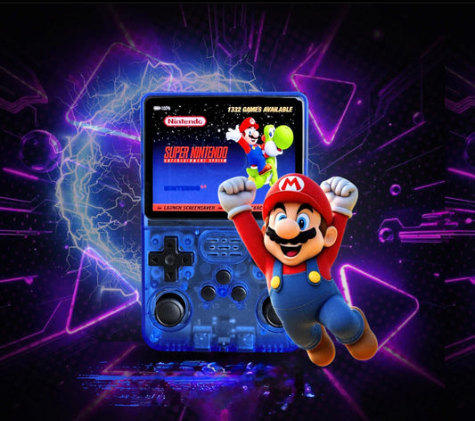 Handheld gaming console with Super Mario design on a dark background with glowing effects